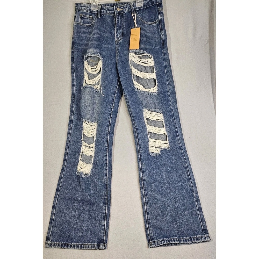 New With Tags Genleck High Rise Distressed Jeans Women Large 32 X  29.5